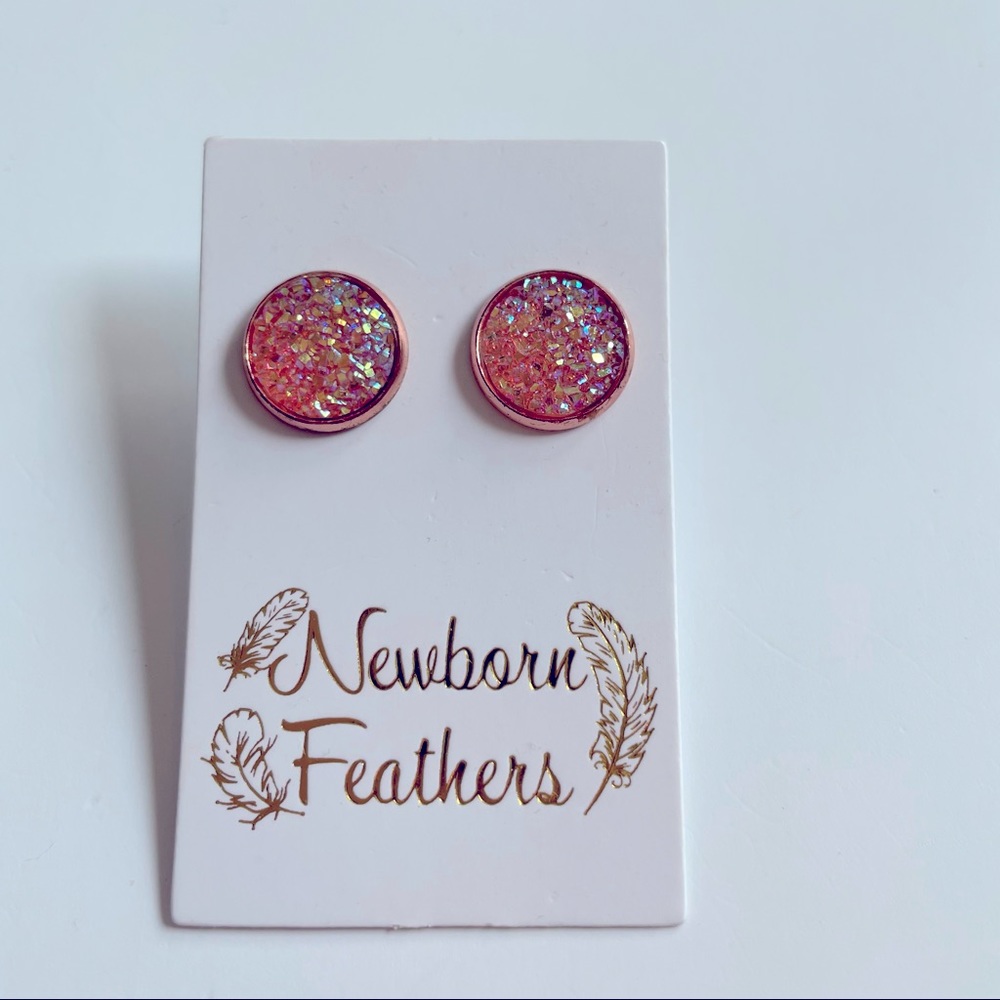 Newborn feathers earrings blush pink sparkle with rose gold setting